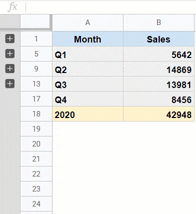 Example where you can click and ungroup rows in Google Sheets