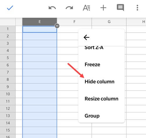 Click on hide Column option in the Google Sheets App