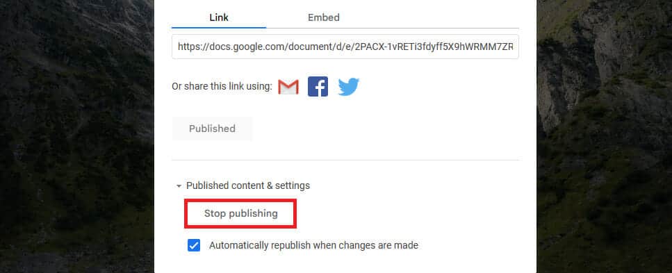 Click Stop publishing