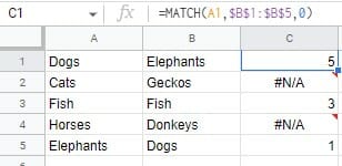 Comparing columns with the MATCH function in Googel Sheets