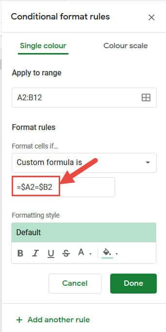 Conditional formatting formula by row by row comparison