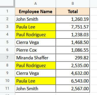 Data highlighted in yellow