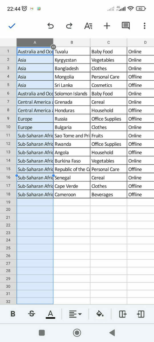 data sorted alphabetically on Google Sheets for Android