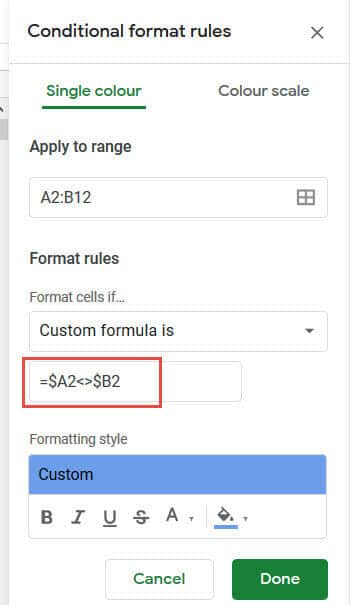 Find differences in two columns formula