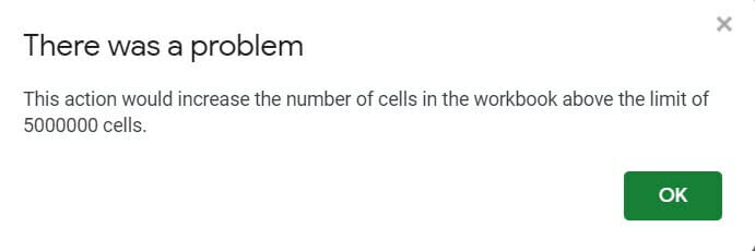 Google Sheets Limitation of cells - 5 million cells prompt