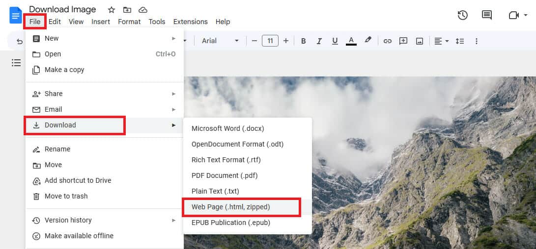 How to download an image from Google Docs using Download as webpage