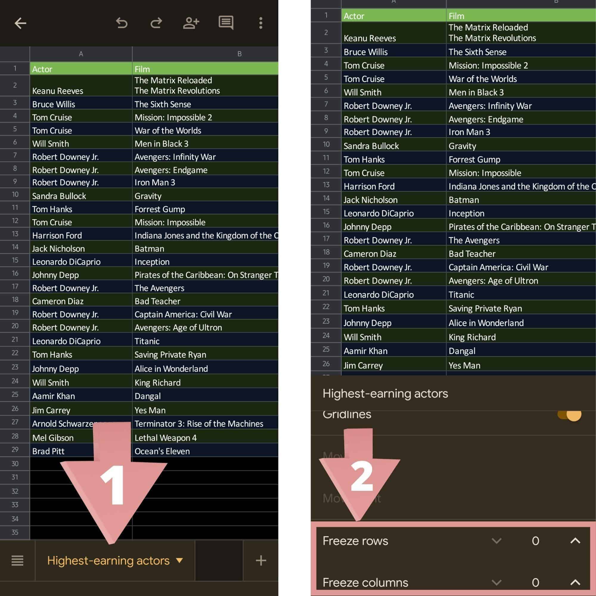 how to freeze rows on android