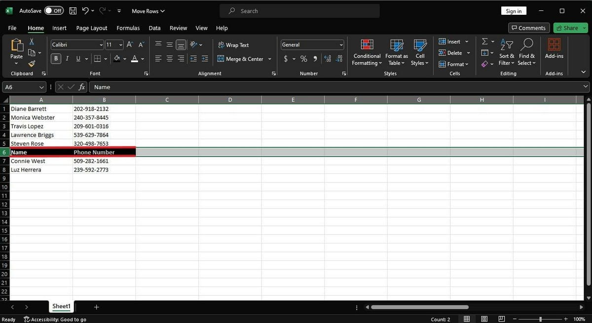 Selected row in Excel