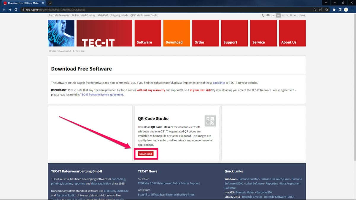 Download button on QR Code Studio download webpage