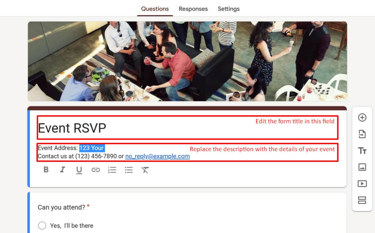 Editing the title description of RSVP form template