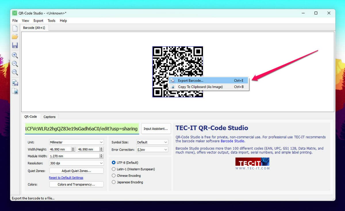 Export barcode option in QR Code Studio