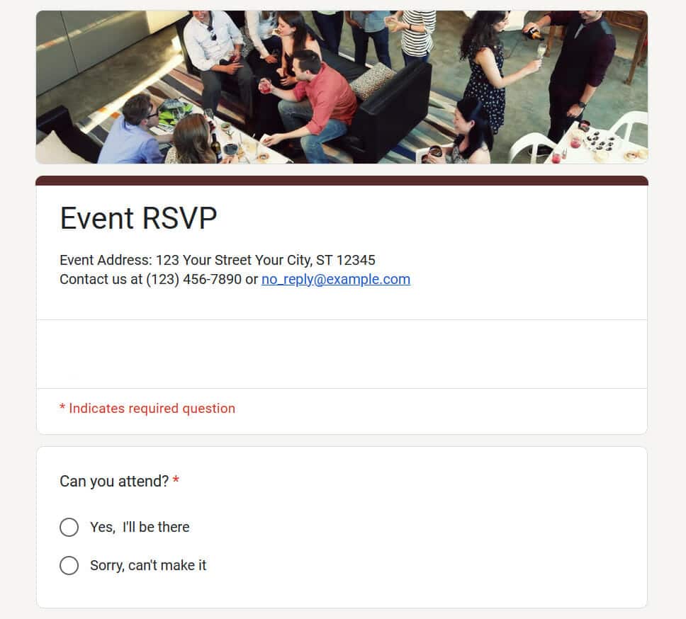 Preview of an RSVP form template