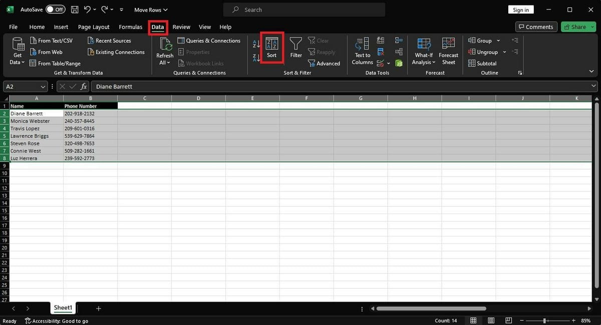 Entire range of rows selected in Excel