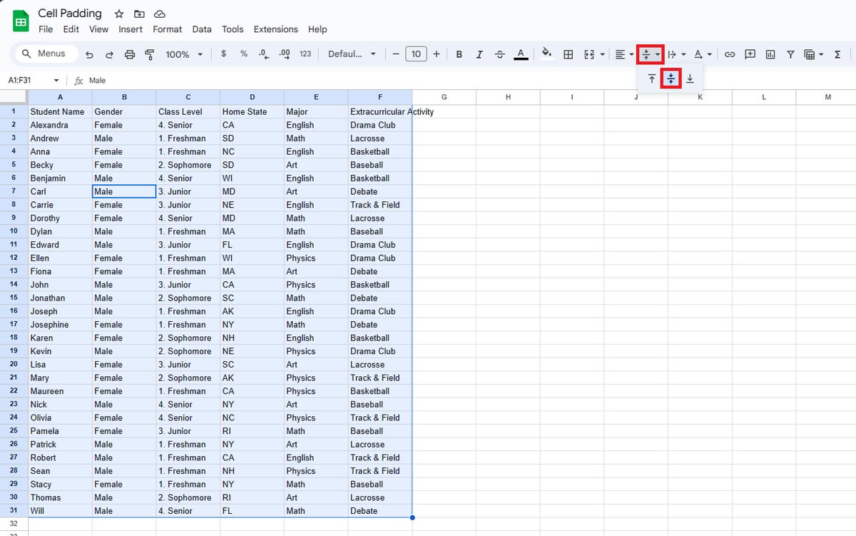 Google Sheets cell padding—alignment button