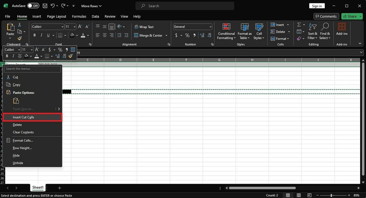 Insert cut cells option in Excel