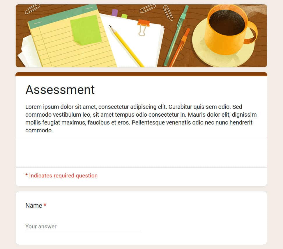 Preview of an assessment form template