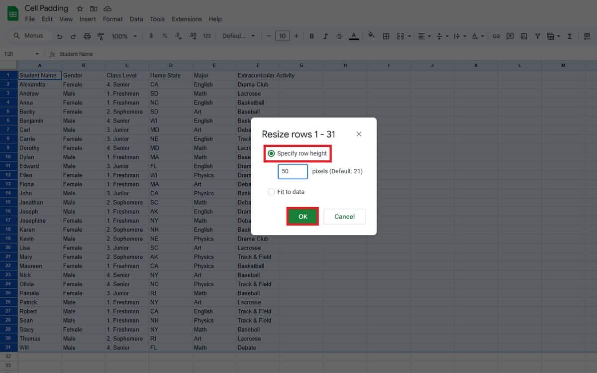 How to specify the row height of columns in Google Sheets