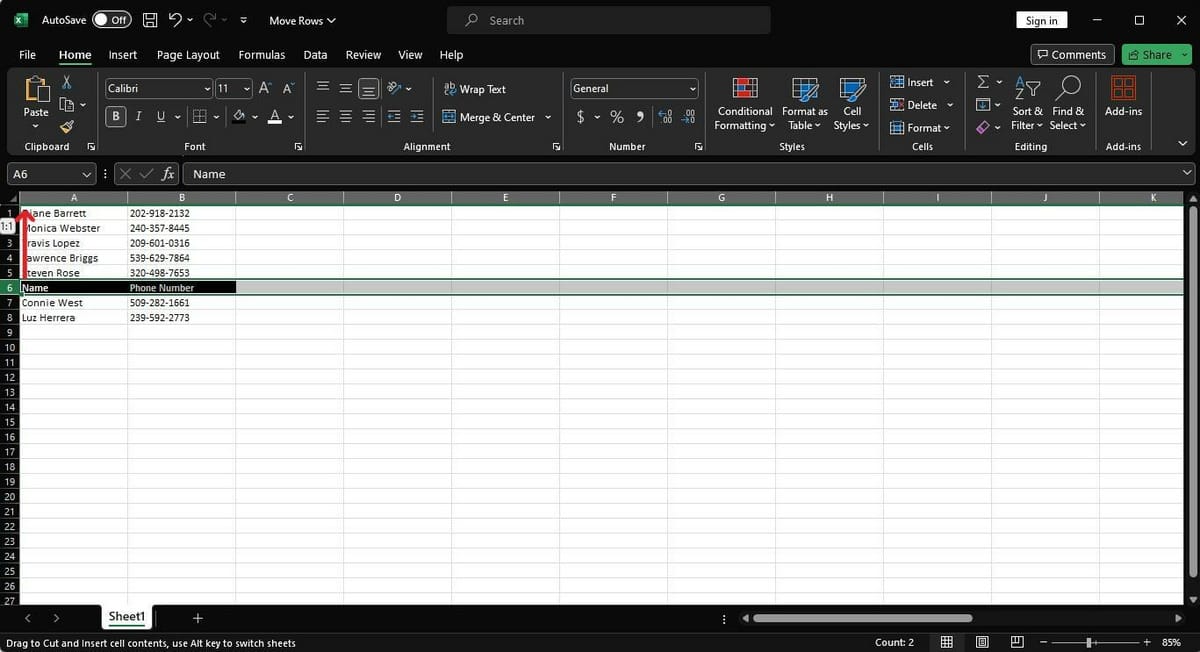 How to drag rows in Excel.