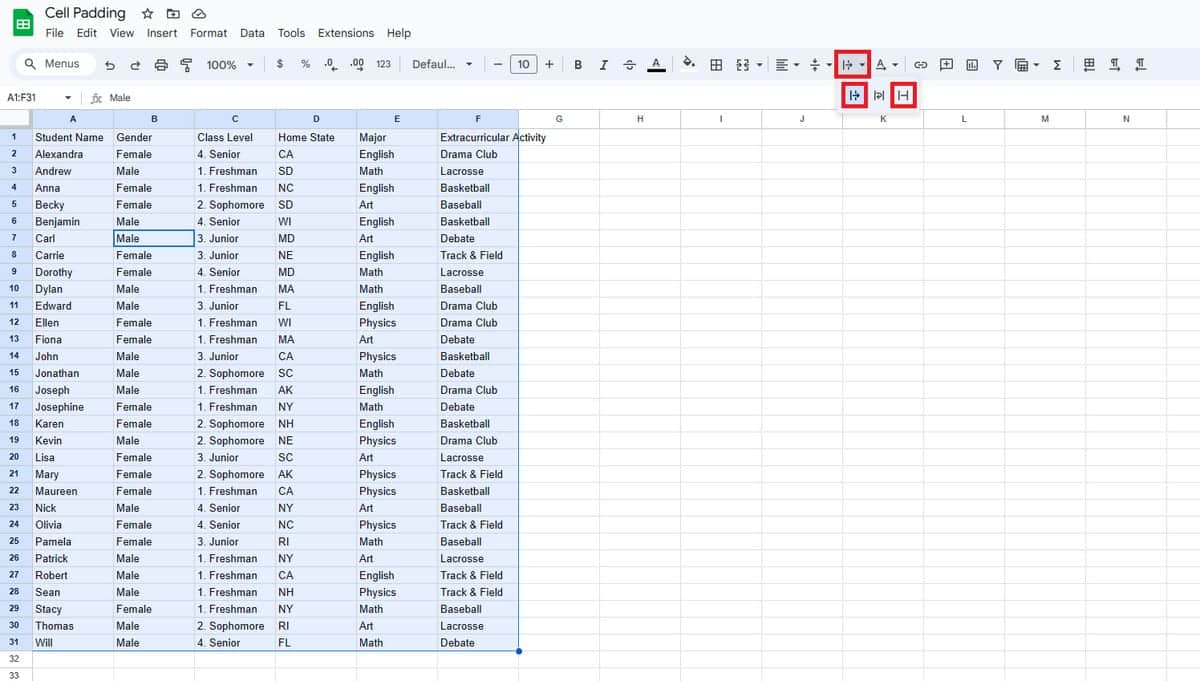 Middle alignment option in Google Sheets