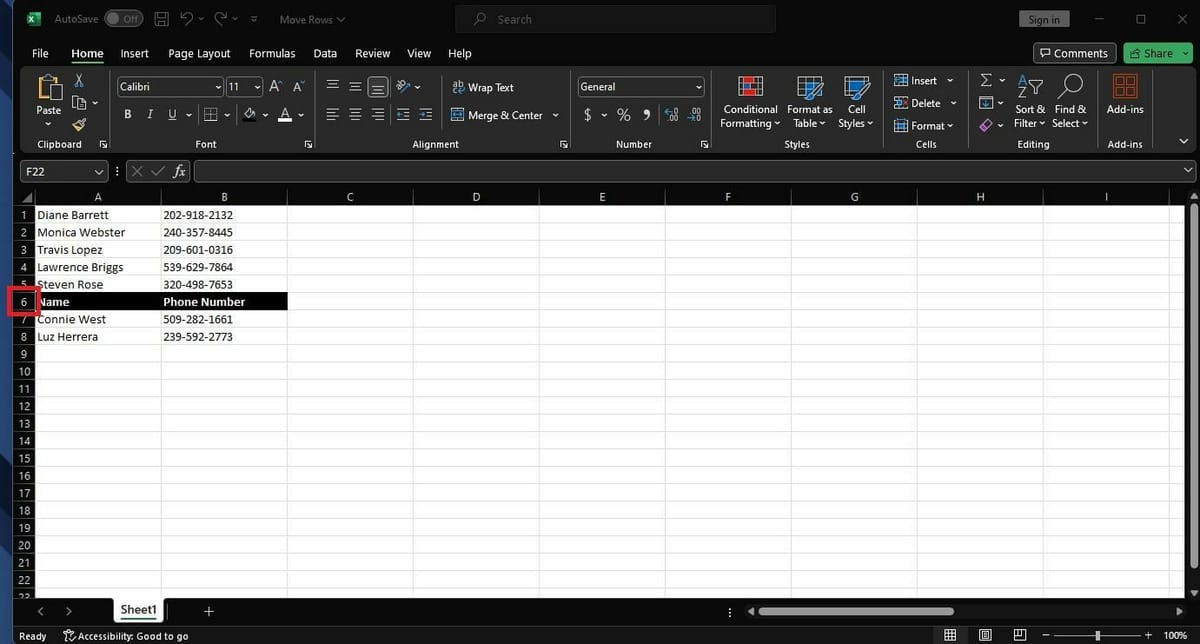 How to move rows in Excel—example spreadsheet