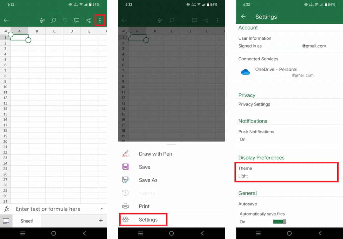 The file path for changing to dark mode for Excel mobile