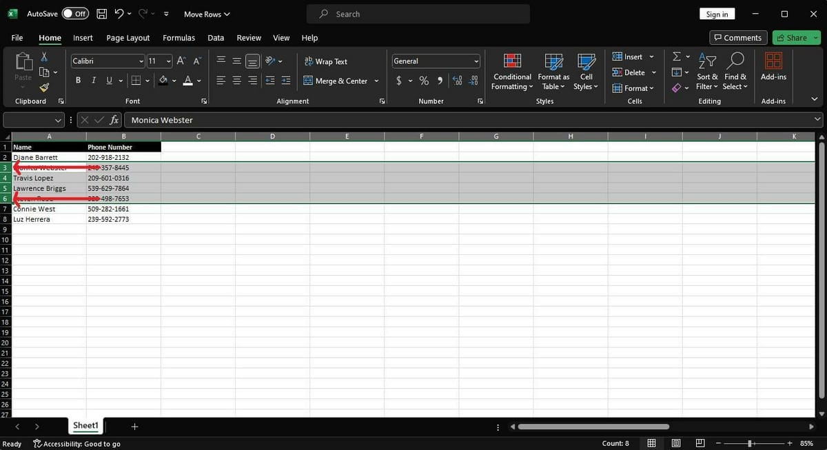 Multiple rows selected in Excel