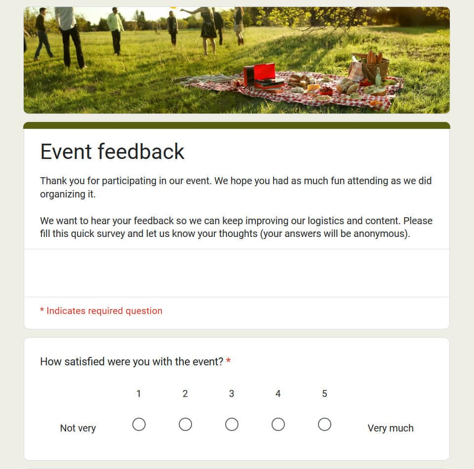 Preview of an event feedback form template