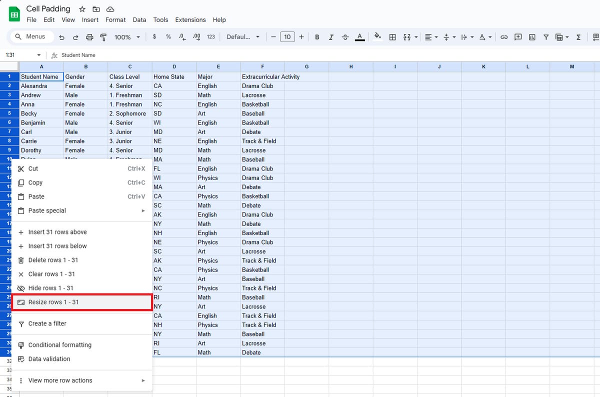 How to resize rows in Google Sheets