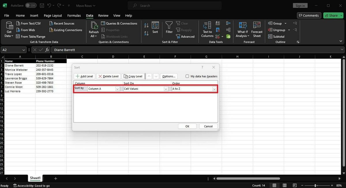 Sort window in Excel