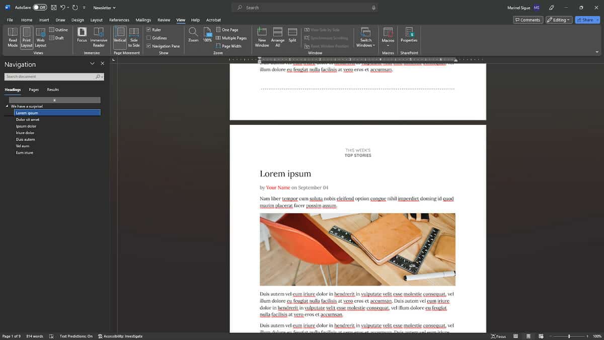 Moving headings using Navigation Pane in Microsoft Word