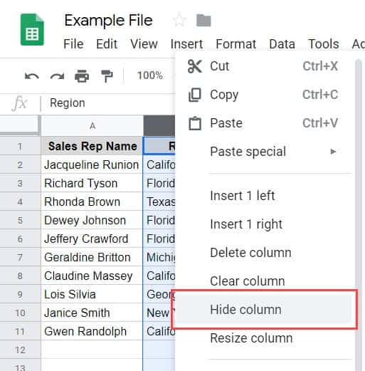 Right click and select hide column