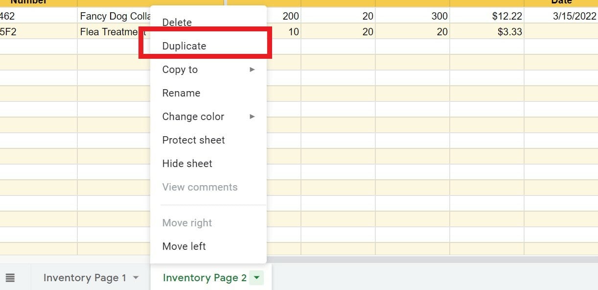 A screenshot showing how to duplicate a sheet in Google Sheets