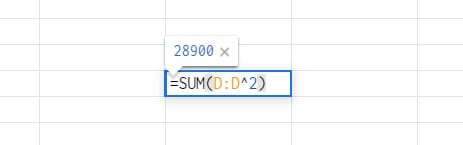 A screenshot showing the result of a squared column in Google Sheets