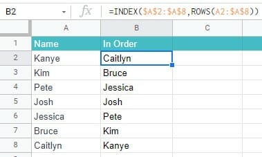 A screenshot of a sorted range using the Index function