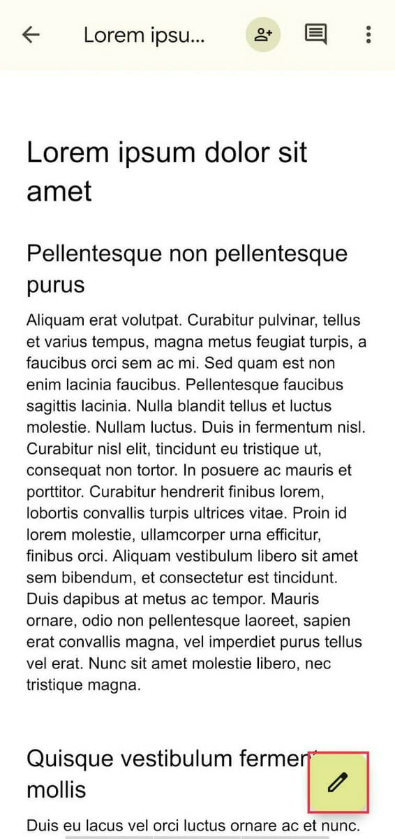 Where is the edit button in Google Docs mobile app