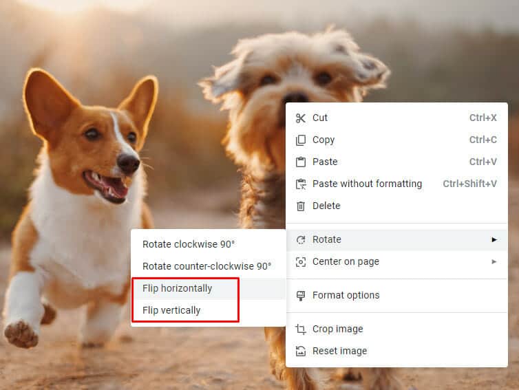 Select flip horizontally or flip vertically in Google Docs