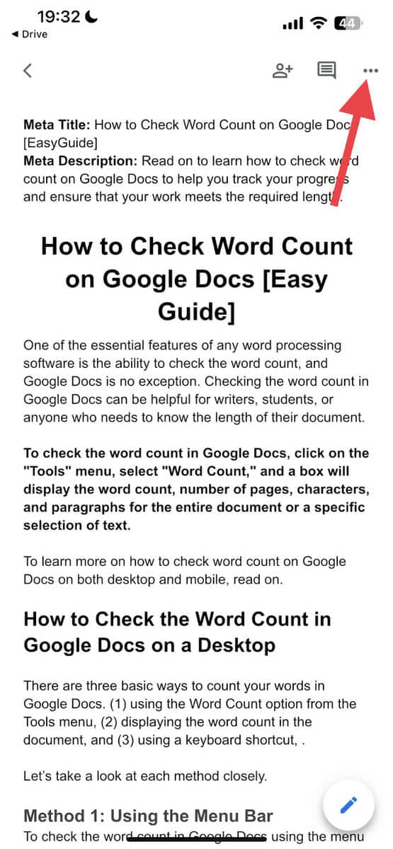 How to Check Word Count on Google Docs - three-dot icon Google Docs mobile