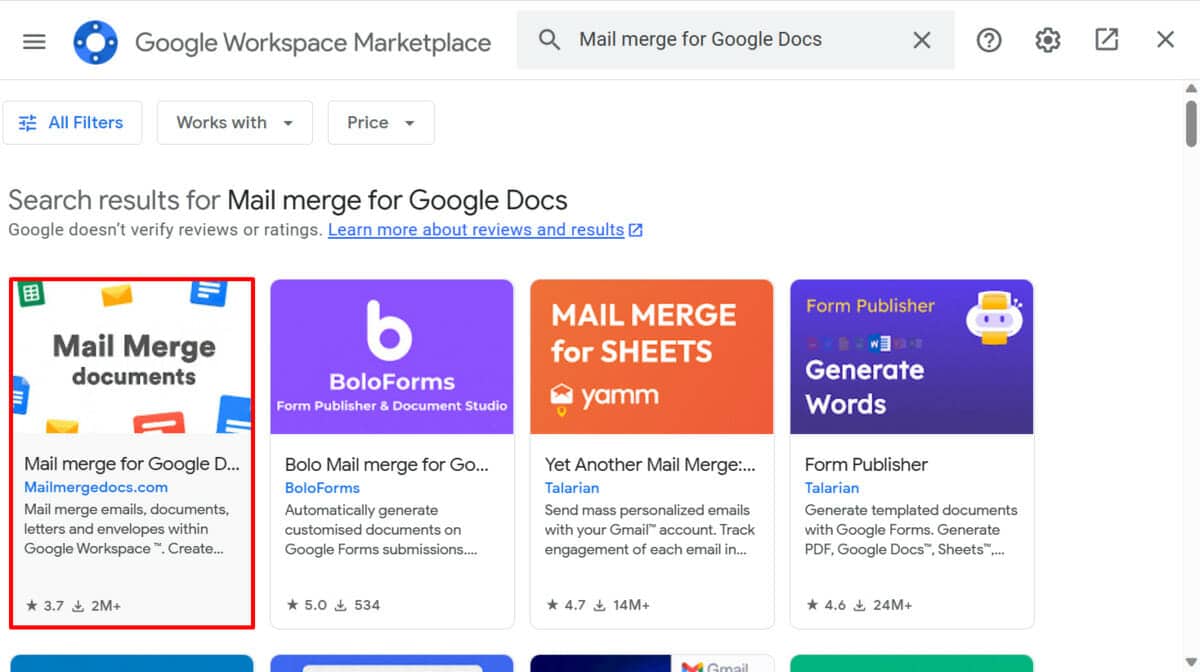 Searching for "Mail merge for Google Docs" in Marketplace