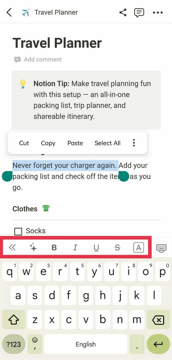 Notion toolbar on the mobile app version