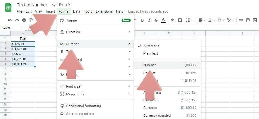 how to convert text to number google sheets