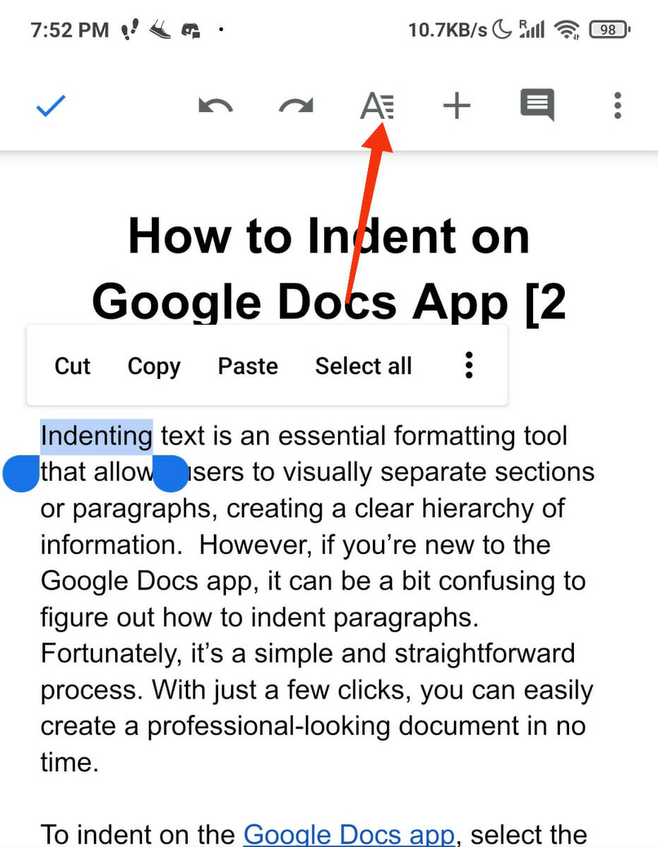 Google Docs App on Android - Format (A) icon