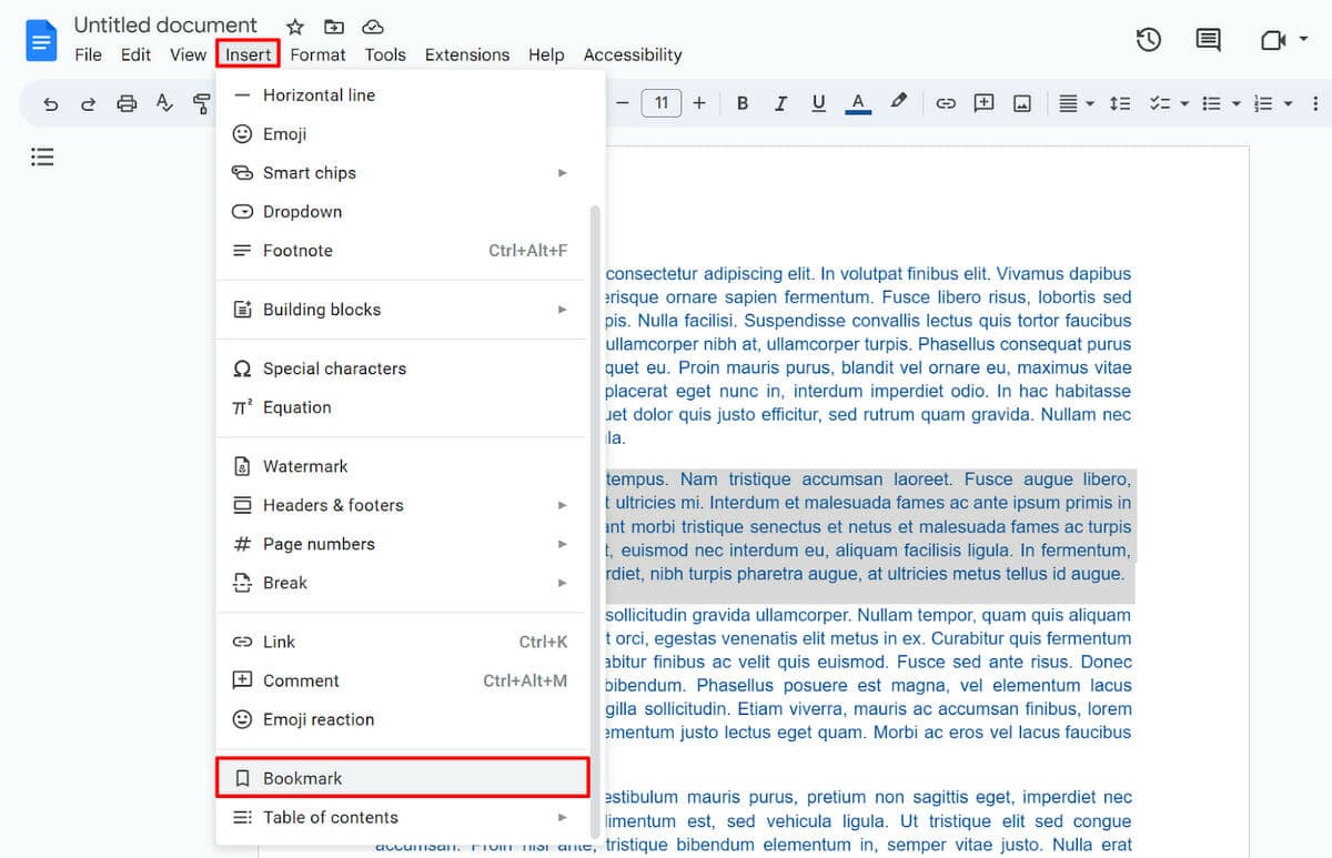 How to insert a bookmark in Google Docs