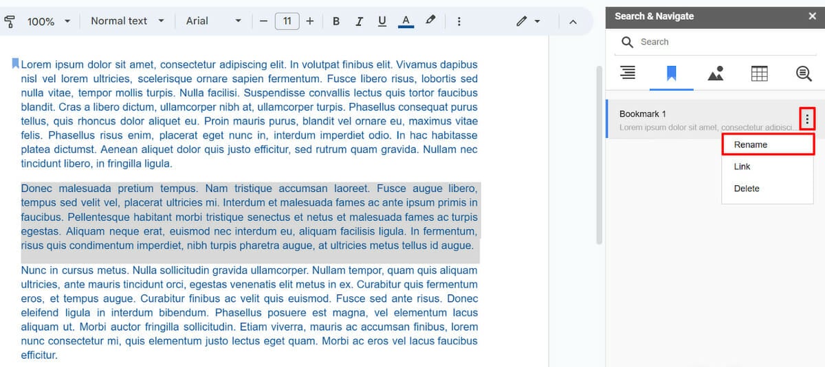 Rename a bookmark in Google Docs