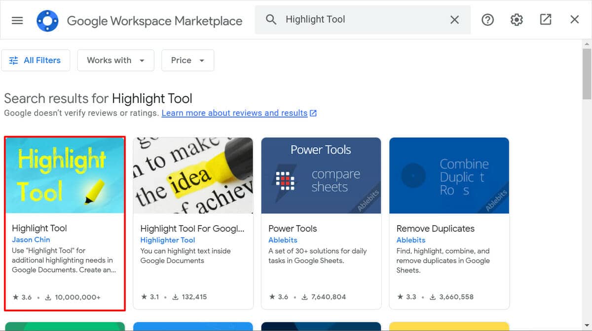 Where to find Highlight Tool in Google add-ons