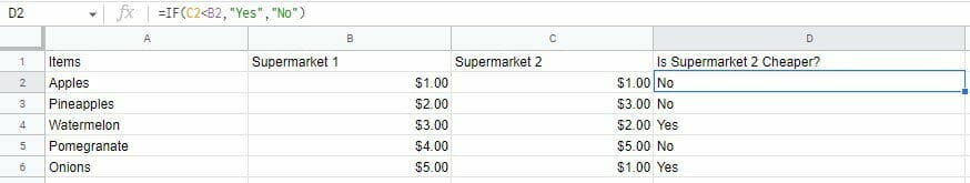 Using If statements to compare numerical data in columns