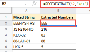 google sheets extract number from string