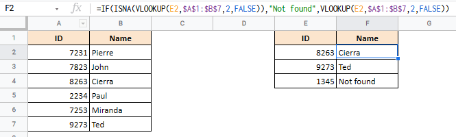 To handle errors, the ISNA function needs to be nested in an IF or IFS function