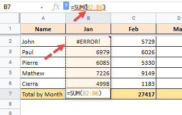 since cells B7 to D7 are precedents to cell A15, the error could be coming from the #ERROR in cell B7