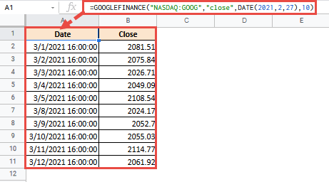 the GOOGLEFINANCE function