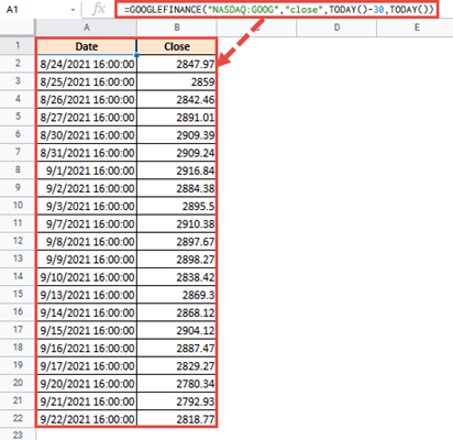 calculating a moving average with GOOGLEFINANCE and AVERAGE Functions